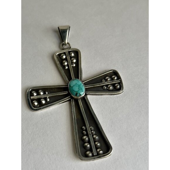 925 Sterling Silver Oxidized & Turquoise Cross Pendant - Picture 3 of 16